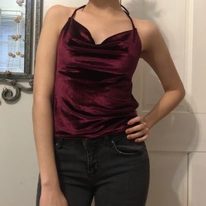 Red velvet open back halter top